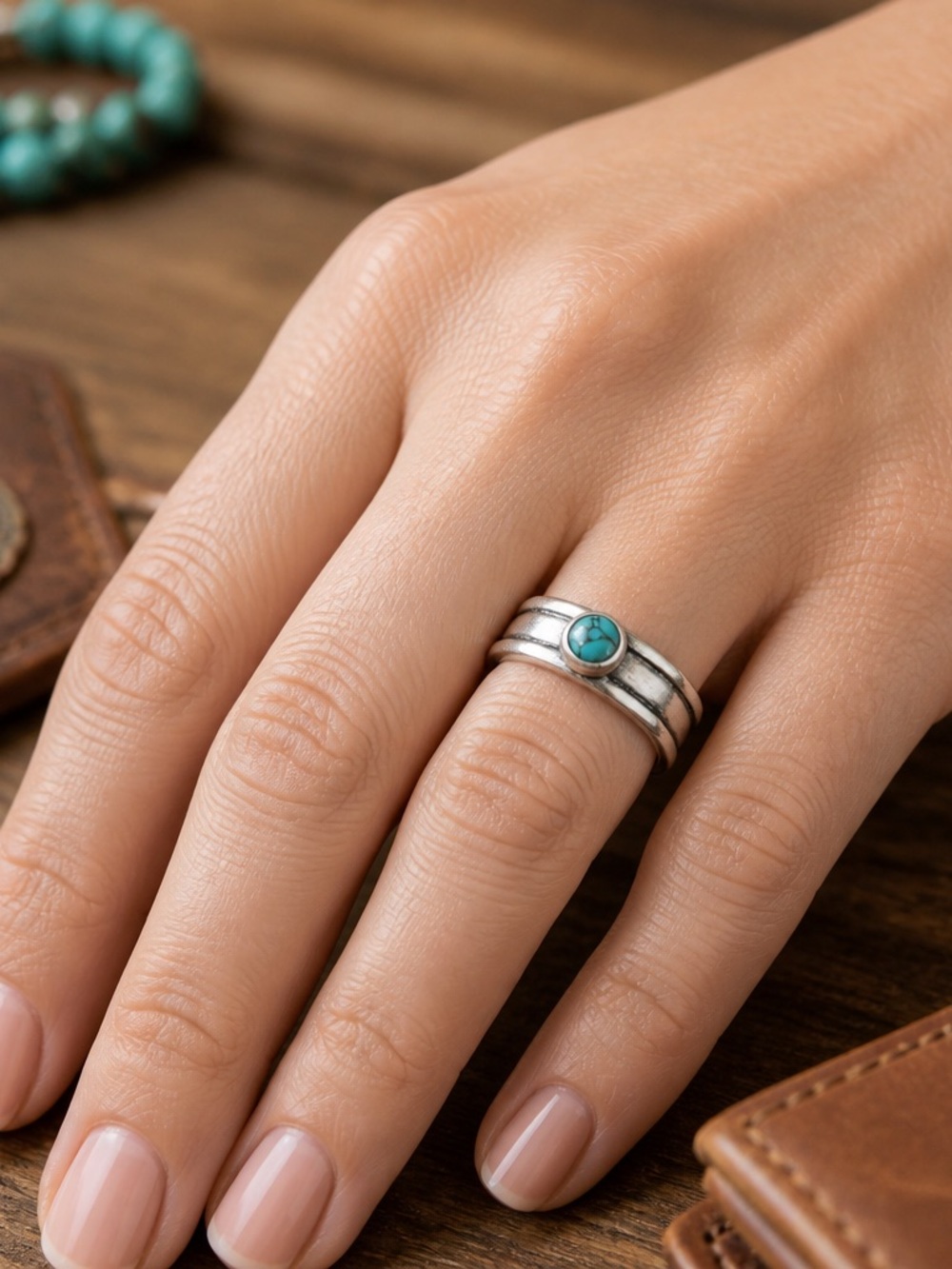 Boho Blue Turquoise Stone Ring Silver Tone Western Chic Sizes 7–11 Gift - Picture 2 of 4